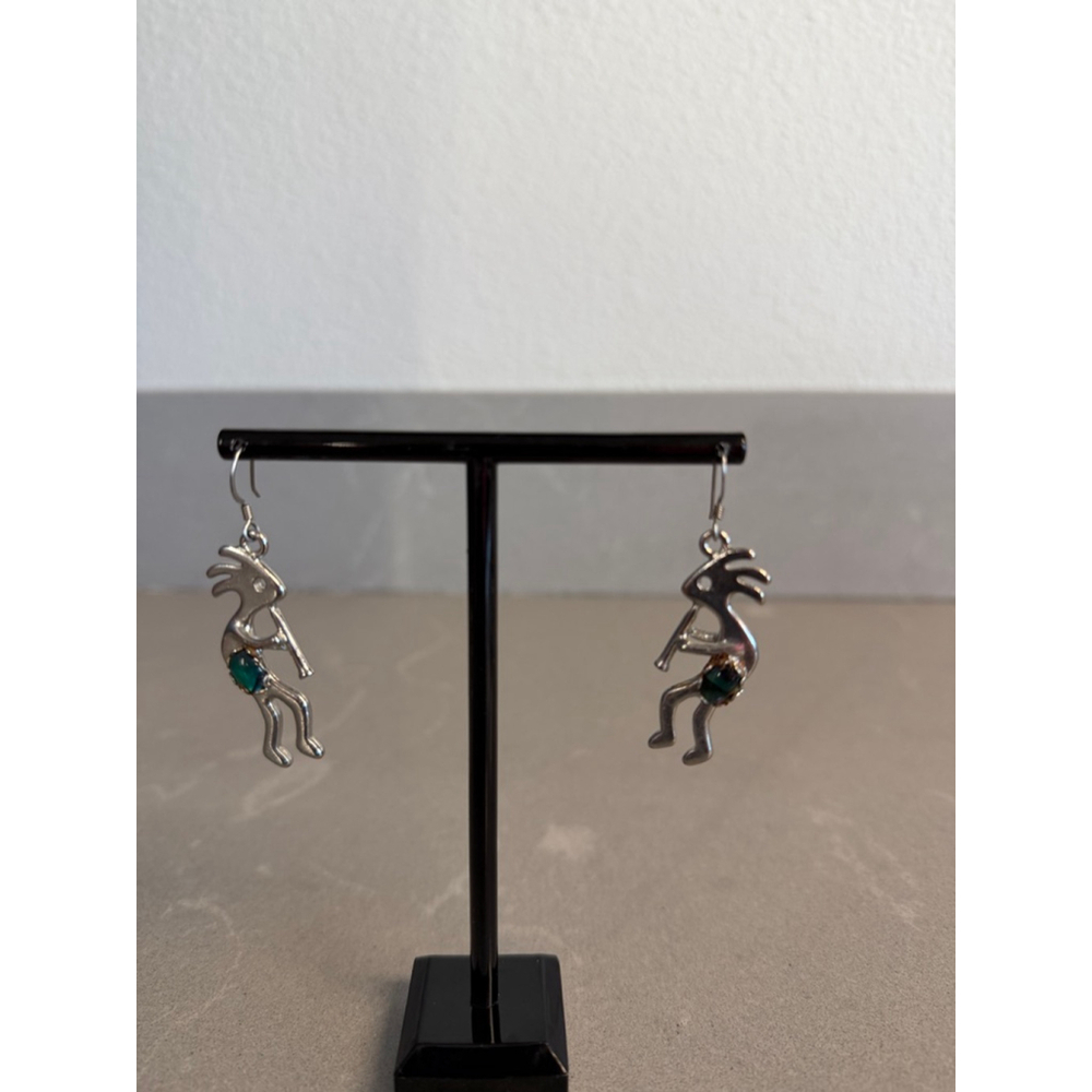 Vintage Kokopelli Dangle Earrings Silver Tone Southwest Flute Player Green Stone
